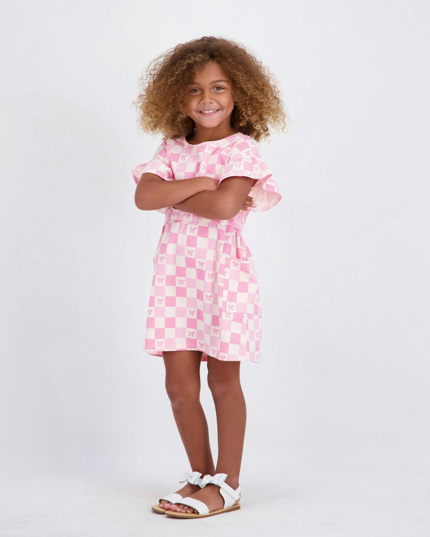 Girls Printed Jersey Dress W. Ruffle Sleeve | Pink Checker
