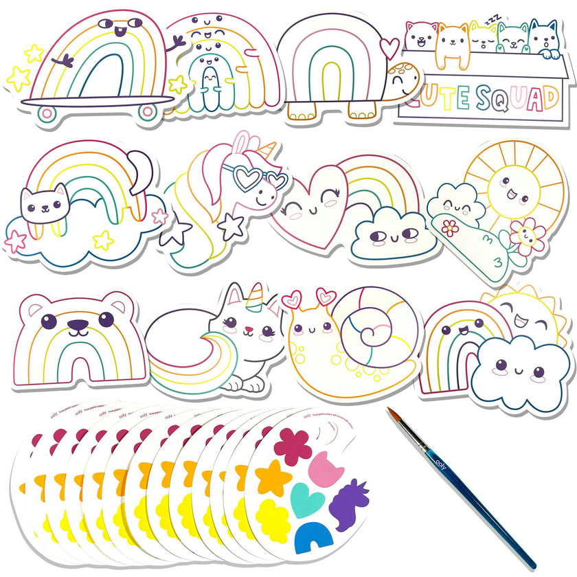 Playful Painters Easy Watercolor Painting Kit - Rainbow Cuties - 12 Cards 12 Palettes 1 Paintbrush
