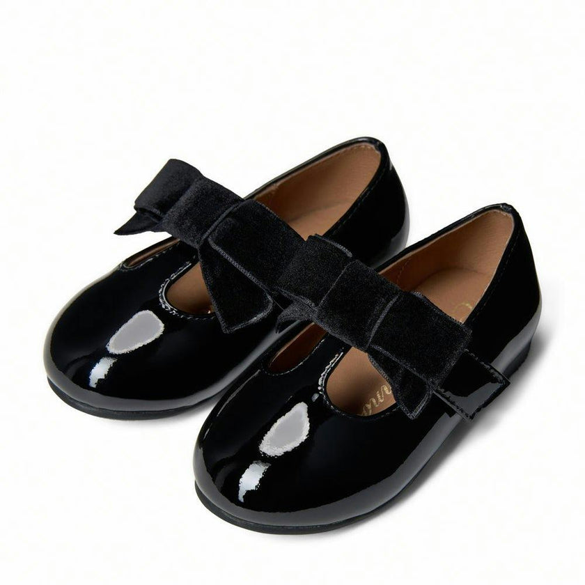 Yael Glossy Leather Velvet Bow T-Bar Strap Shoes