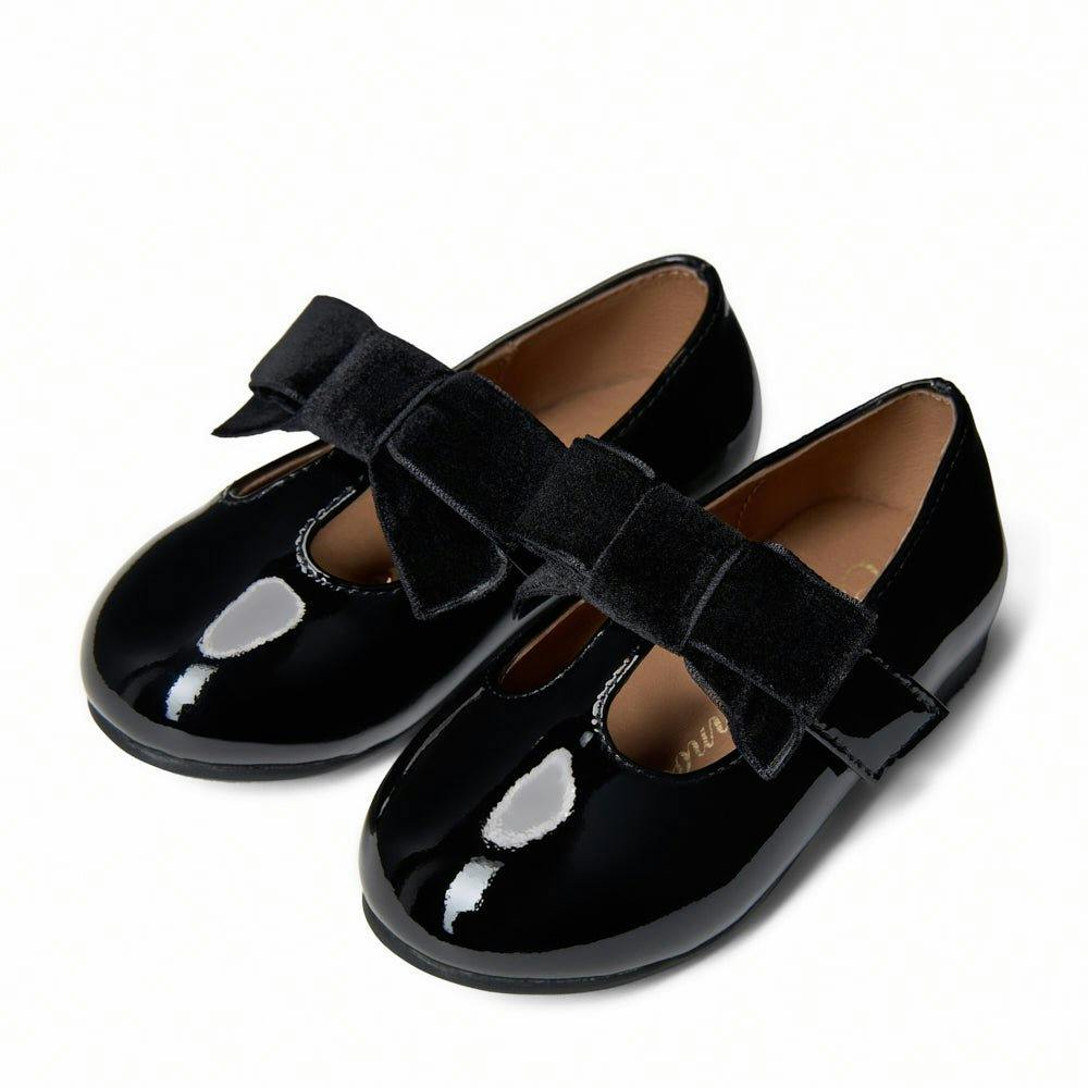 Yael Glossy Leather Velvet Bow T-Bar Strap Shoes