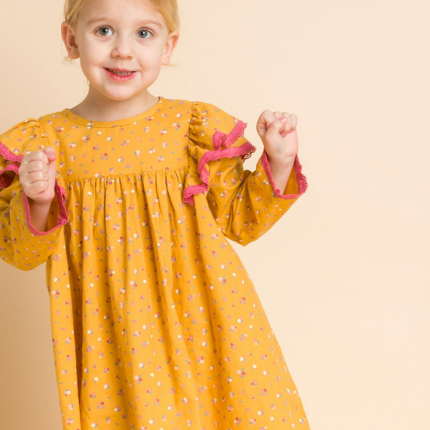 Toddler Long Flutter Sleeves Dress with Lace Trim