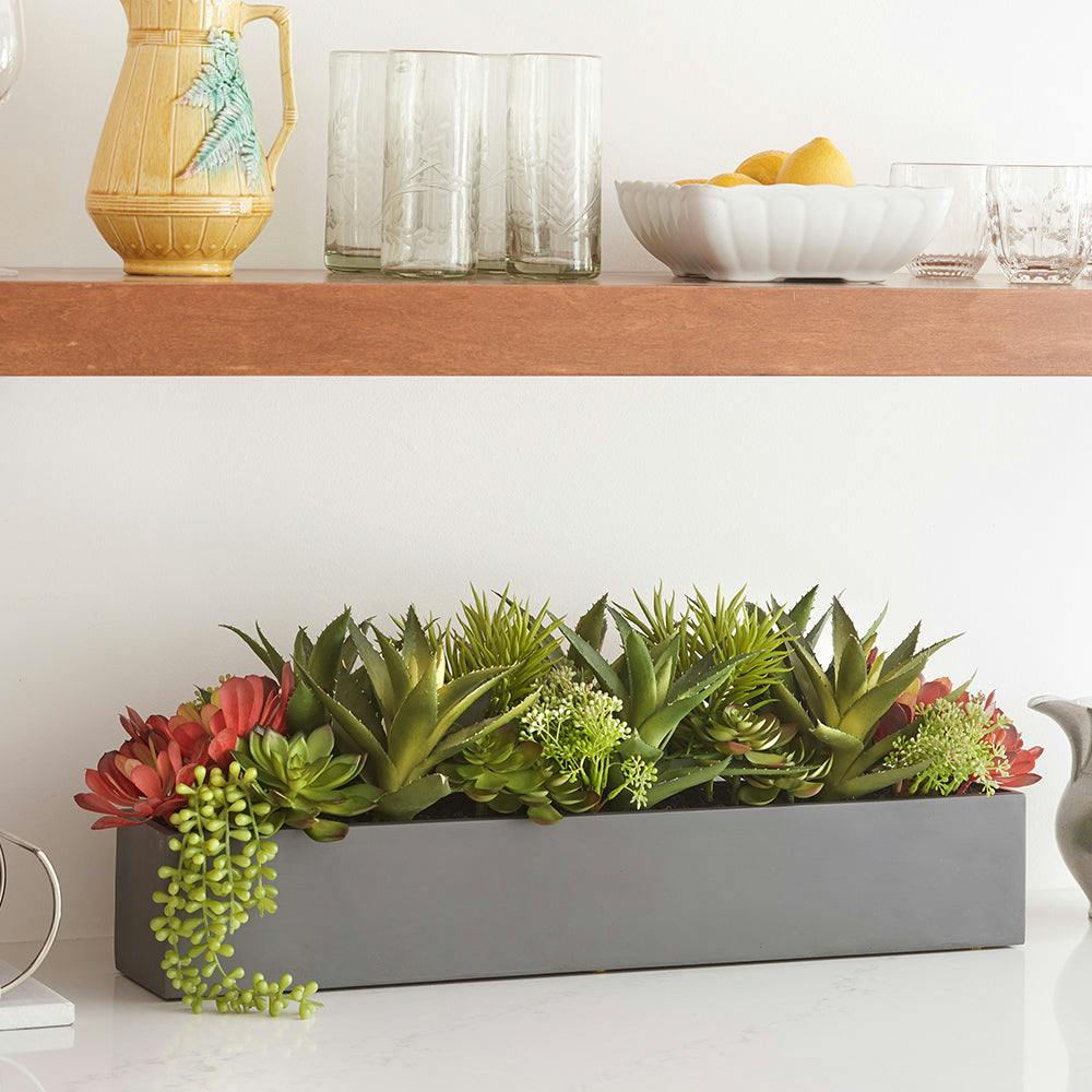 Rectangular Artificial Succulent Arrangement, Gray Planter