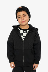 Full Zip Hooded Bi-Material Cardigan Black