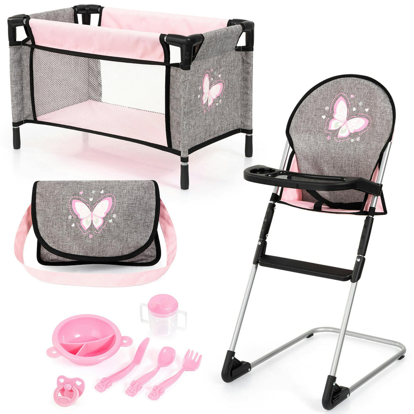 Bayer Design Dolls: 9-In-1 Travel Bed Set - Grey, Pink, Butterfly