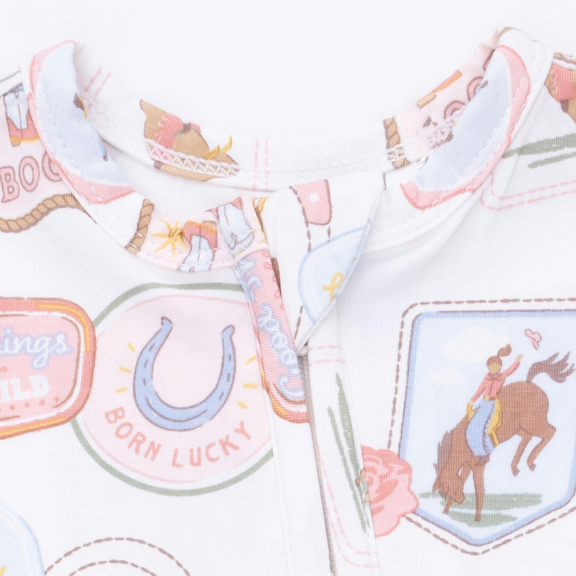 Rodeo Patches Pink - 2 Way Ruffle Back Zipper Footie