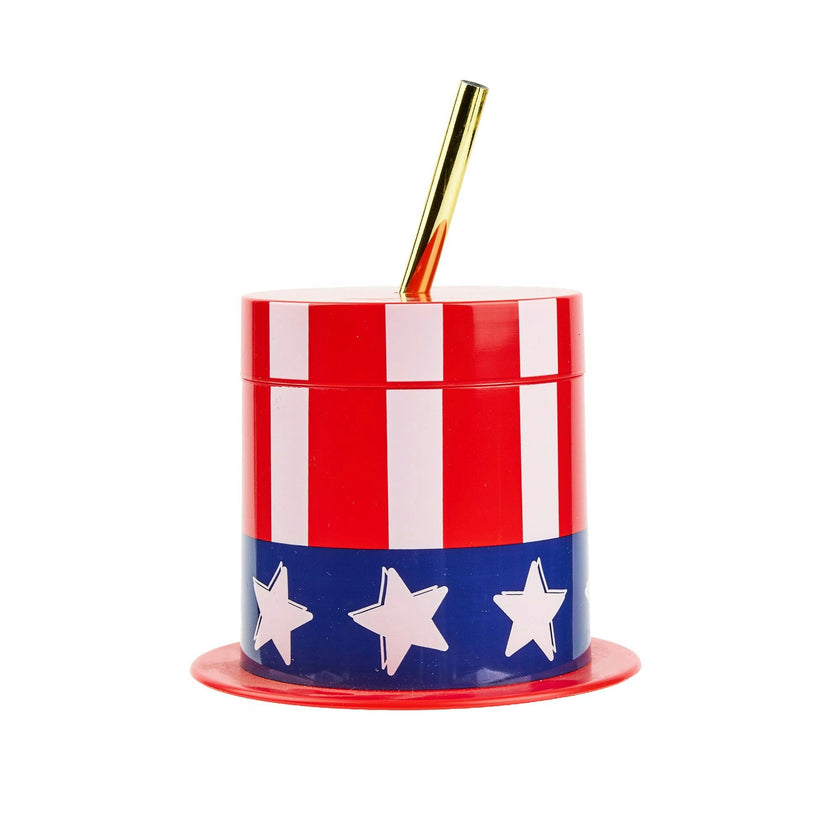 Packed Party Hats Off to the USA Patriotic Uncle Sam Top Hat Sippers - 14 oz Novelty 4th of July Cups with Gold Plastic Straws and Leak-Proof Lids