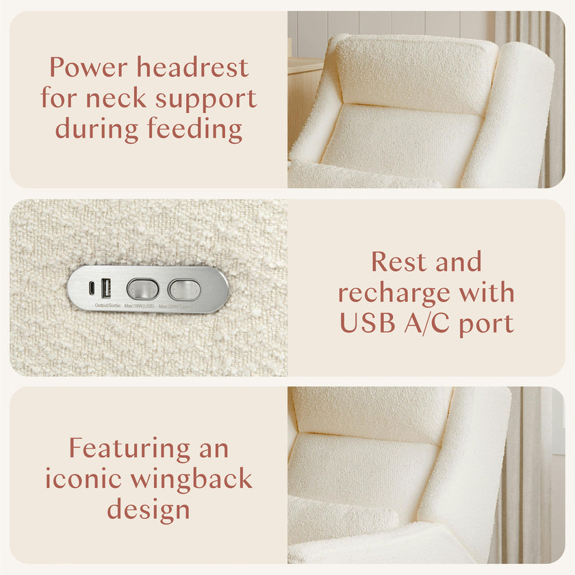 Kiwi Plus Power Recliner and Swivel Glider with Power Adjustable Headrest and USB Port in Performance Ivory Boucle