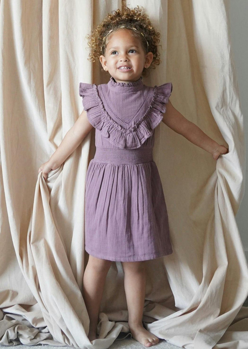 Esmée | Muslin Cotton Ruffle Dress | Mauve Wine