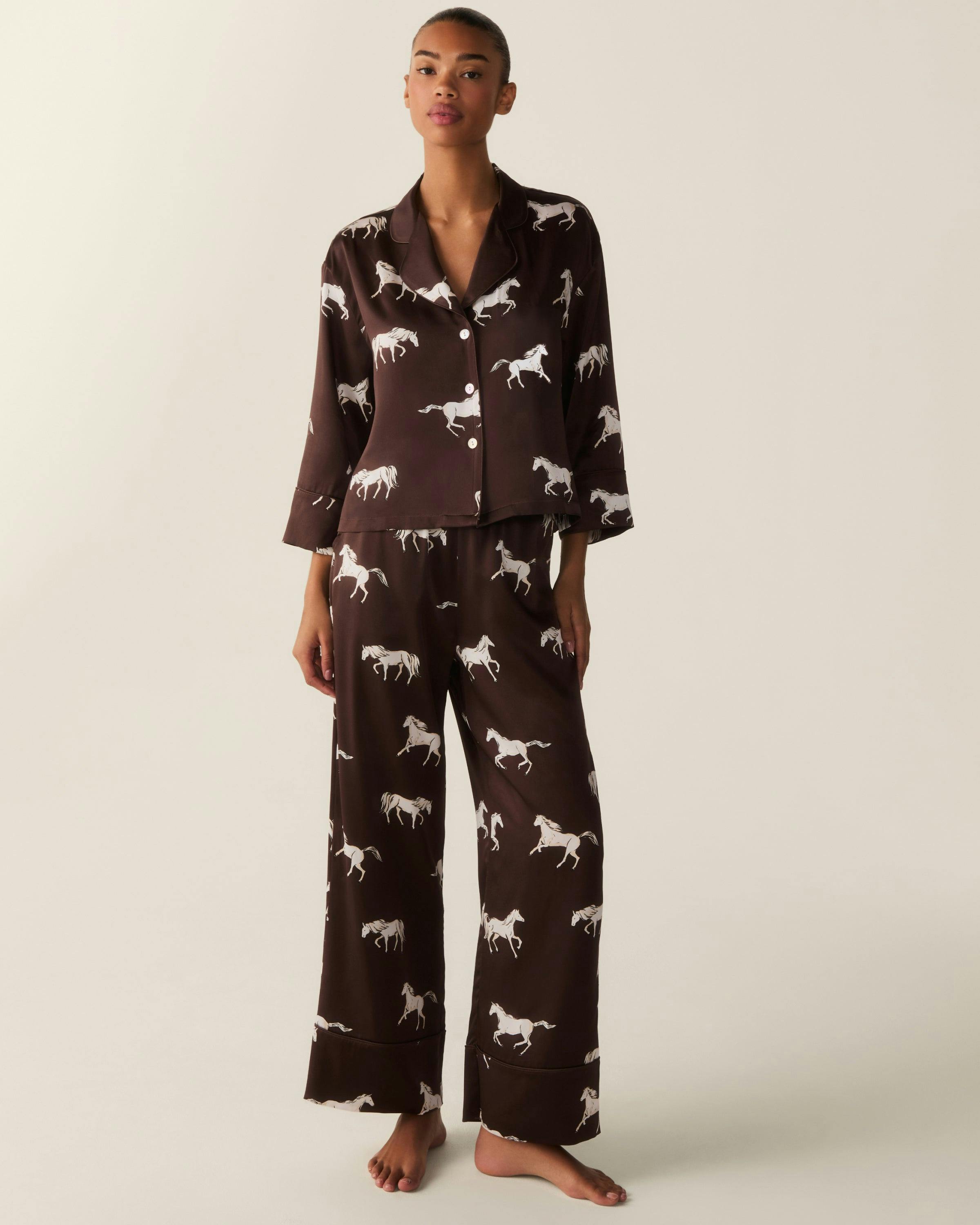 The Celine Silk Pajama Set in Highgrove Equestrian