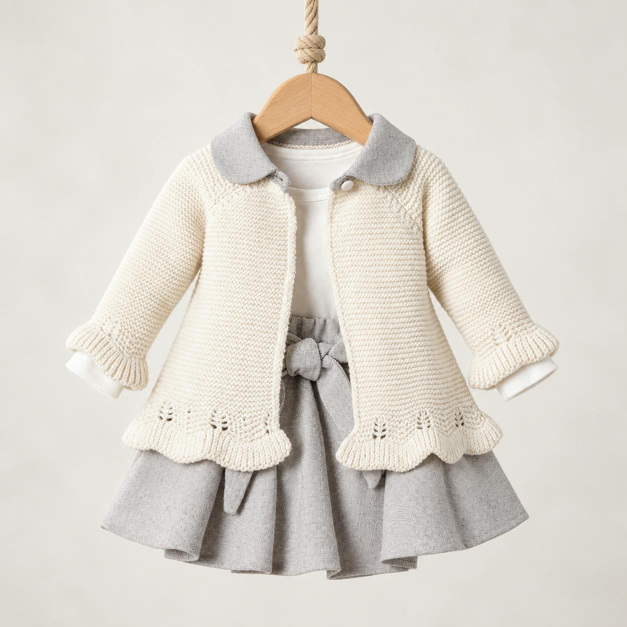 3-Piece Knit Cardigan, Bodysuit & Bow Skirt Set