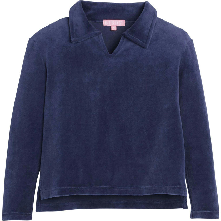 Velour Polo Collar Long Sleeve Pull-Over Sweatshirt