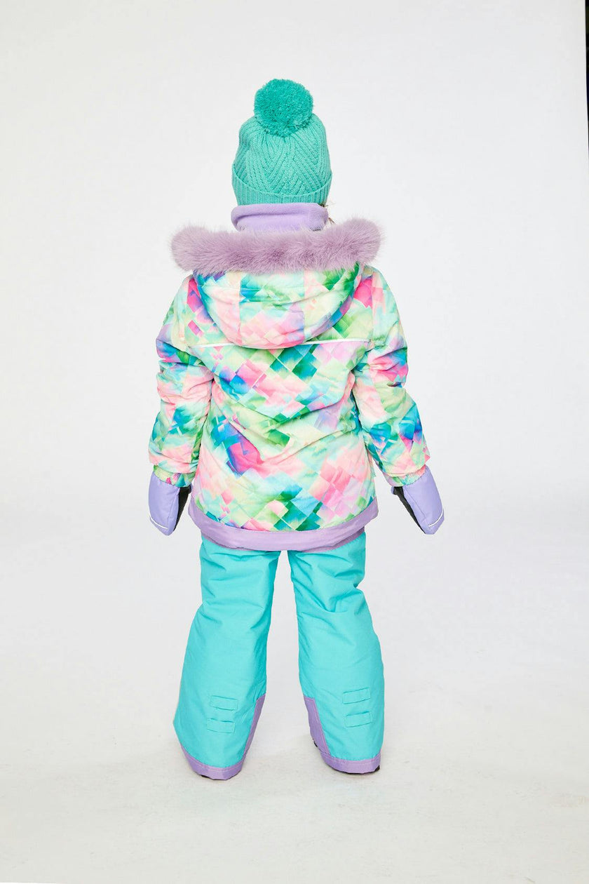 Two Piece Play Snowsuit Multicolored With A Diamond Pattern With Turquoise And Purple Pants