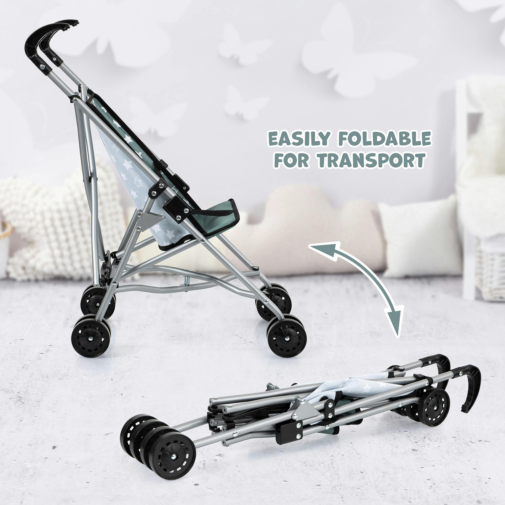 Bayer Design Dolls: Buggy Umbrella Stroller - Green & White Stars