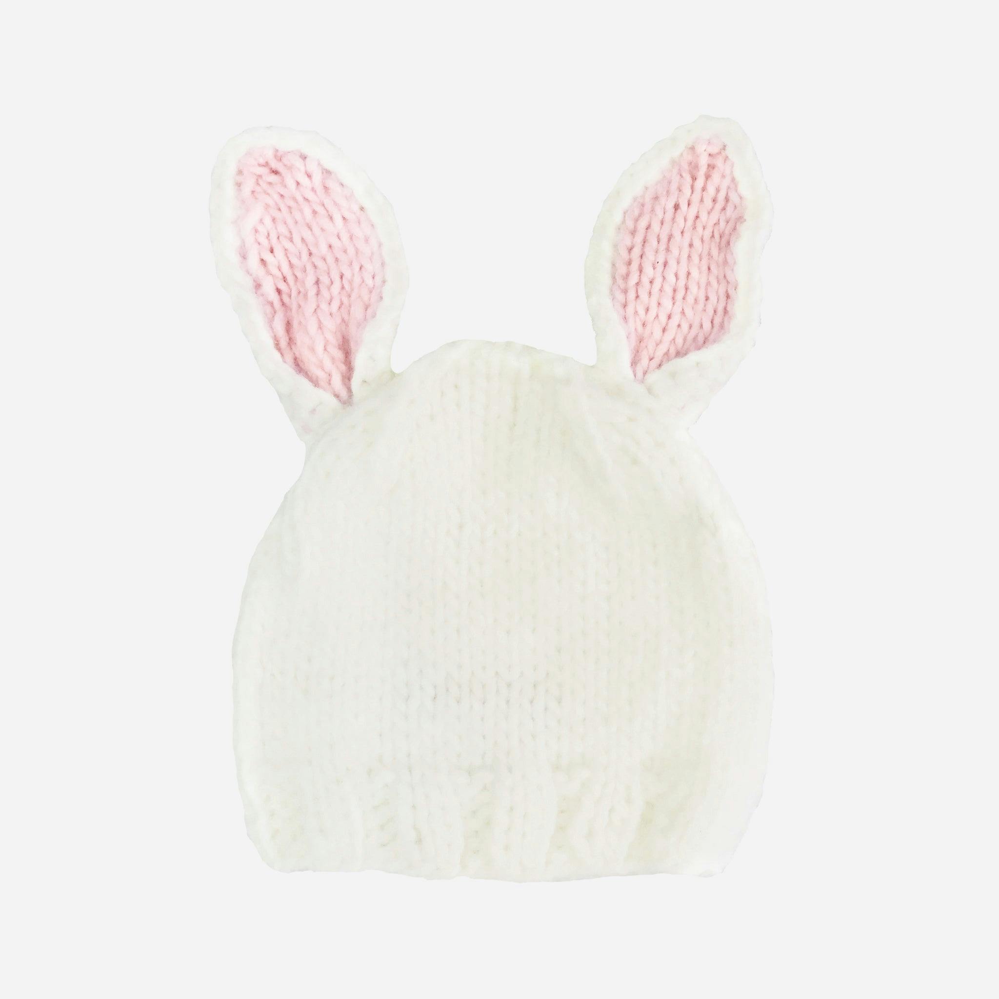 Bailey Bunny Hand-Knit Hat, White with Pink Ears