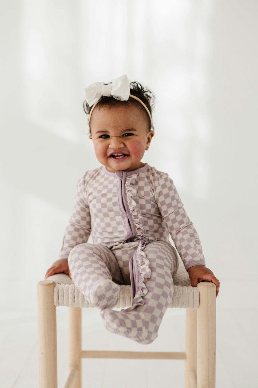Girls Footie Romper in Lavender Cloud Checkered