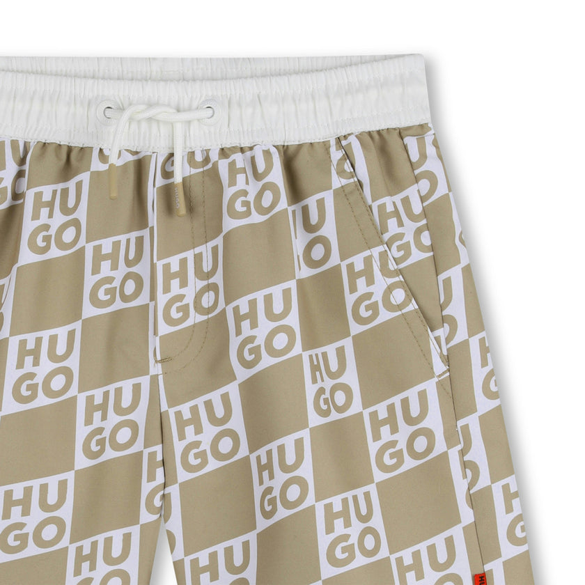 Beige Swim Shorts with All-Over Logo Print