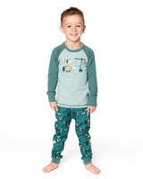 Two-Piece Organic Cotton Pajama Set Teal Construction Print