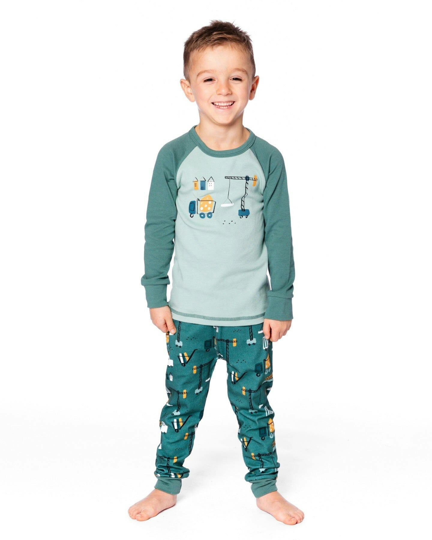 Two-Piece Organic Cotton Pajama Set Teal Construction Print