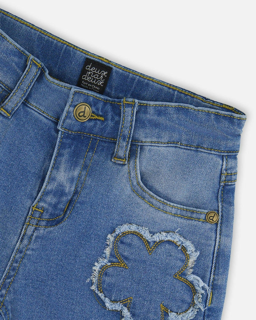 Wide Leg Stretch Light Blue Denim Jeans With Flower Stitching