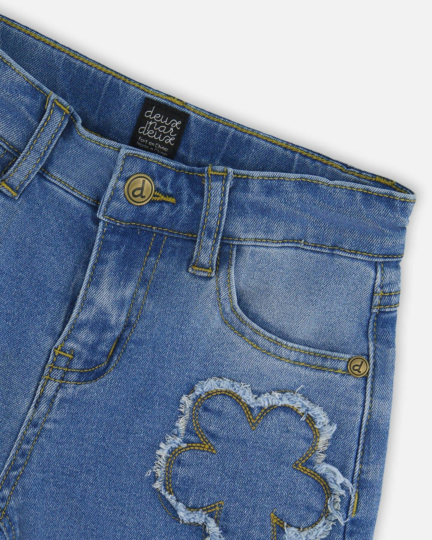 Wide Leg Stretch Light Blue Denim Jeans With Flower Stitching