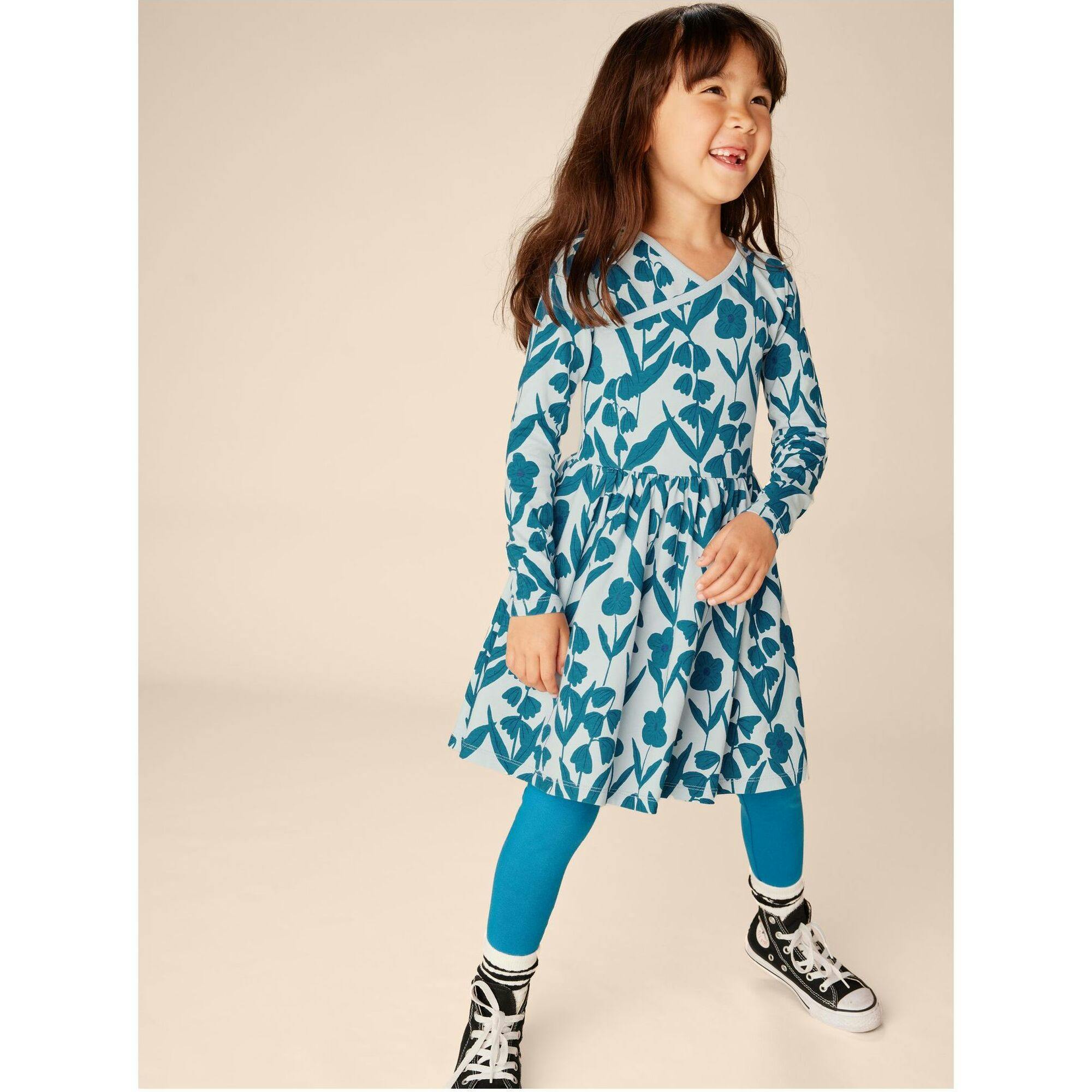 Floral Print Empire Waist Long Sleeve Wrap Neck Dress, Multi