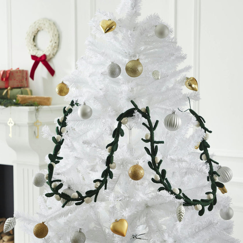 Handmade Christmas Garland and Bunting - Cream Velvet Balls and Felt Mistletoe - 6'