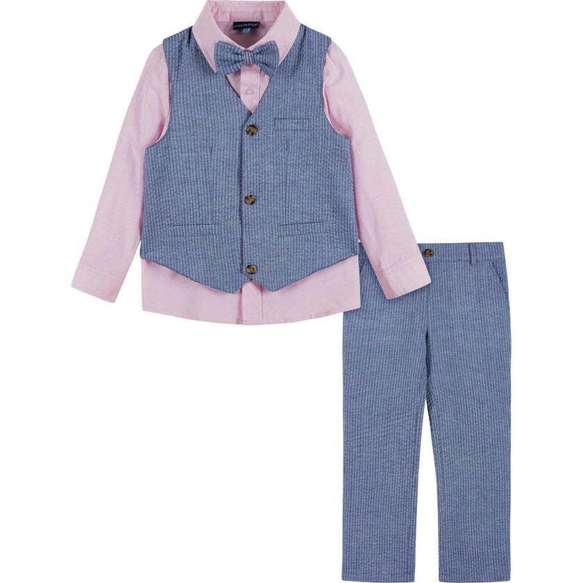 Boys (2-3) Seersucker Vest Suit Set | Blue & Pink