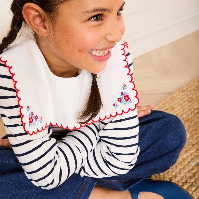 Sailor Stripe Floral Embroidered Mariner Collar Top in White (2-12yrs)