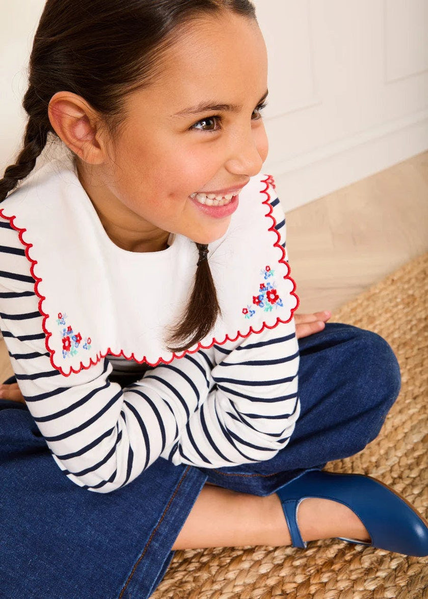 Sailor Stripe Floral Embroidered Mariner Collar Top in White (2-12yrs)