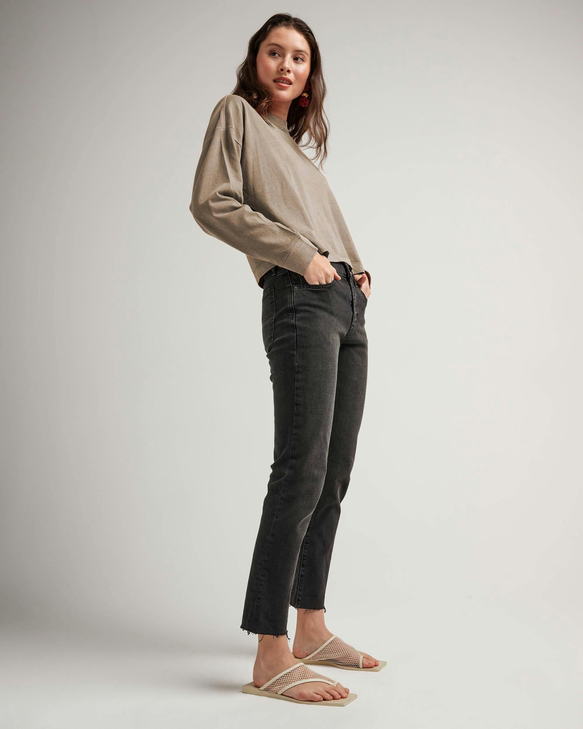 Womens Relaxed Crop Long Sleeve Tee - Pigment Dye Jersey - Warm Grey