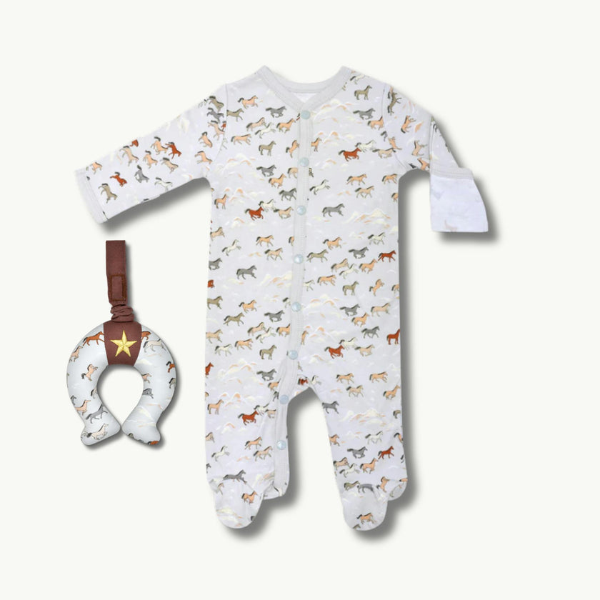 Bamboo Blend Snap Footie & Horseshoe Stroller Toy Set - Wild Horses