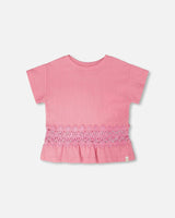 Crinkle Jersey Long T-Shirt With Crochet Insert