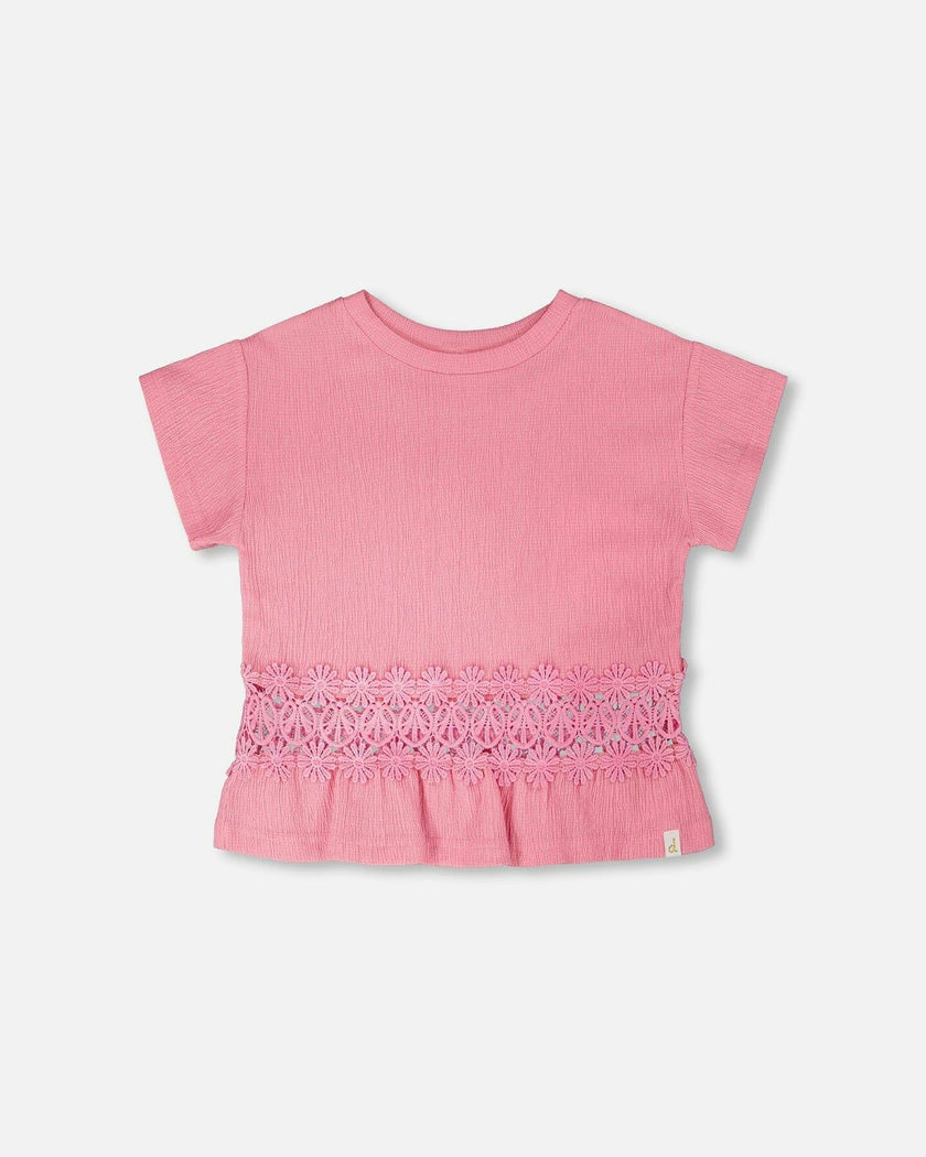 Crinkle Jersey Long T-Shirt With Crochet Insert