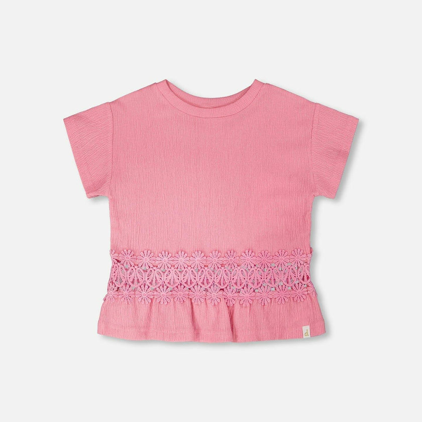 Crinkle Jersey Long T-Shirt With Crochet Insert