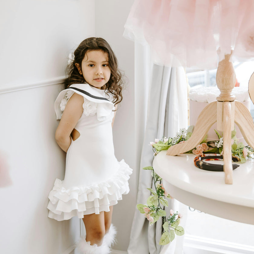 Alex White Ruffle Dress with Black Contrast Line