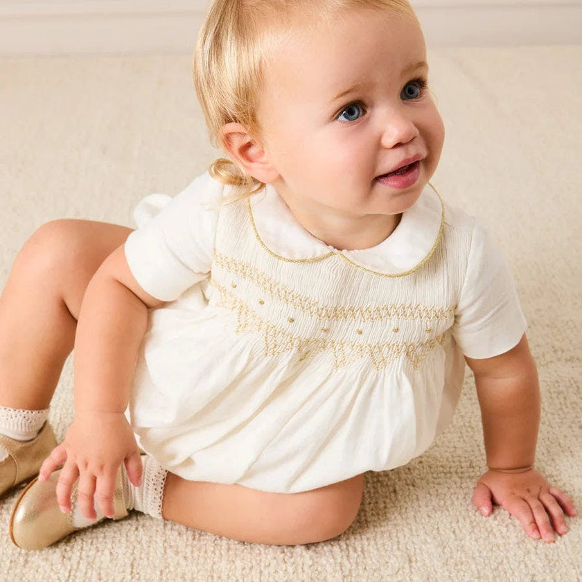 Hand Smocked Gold Embroidered Short Sleeve Romper in Ivory (3mths-2yrs)
