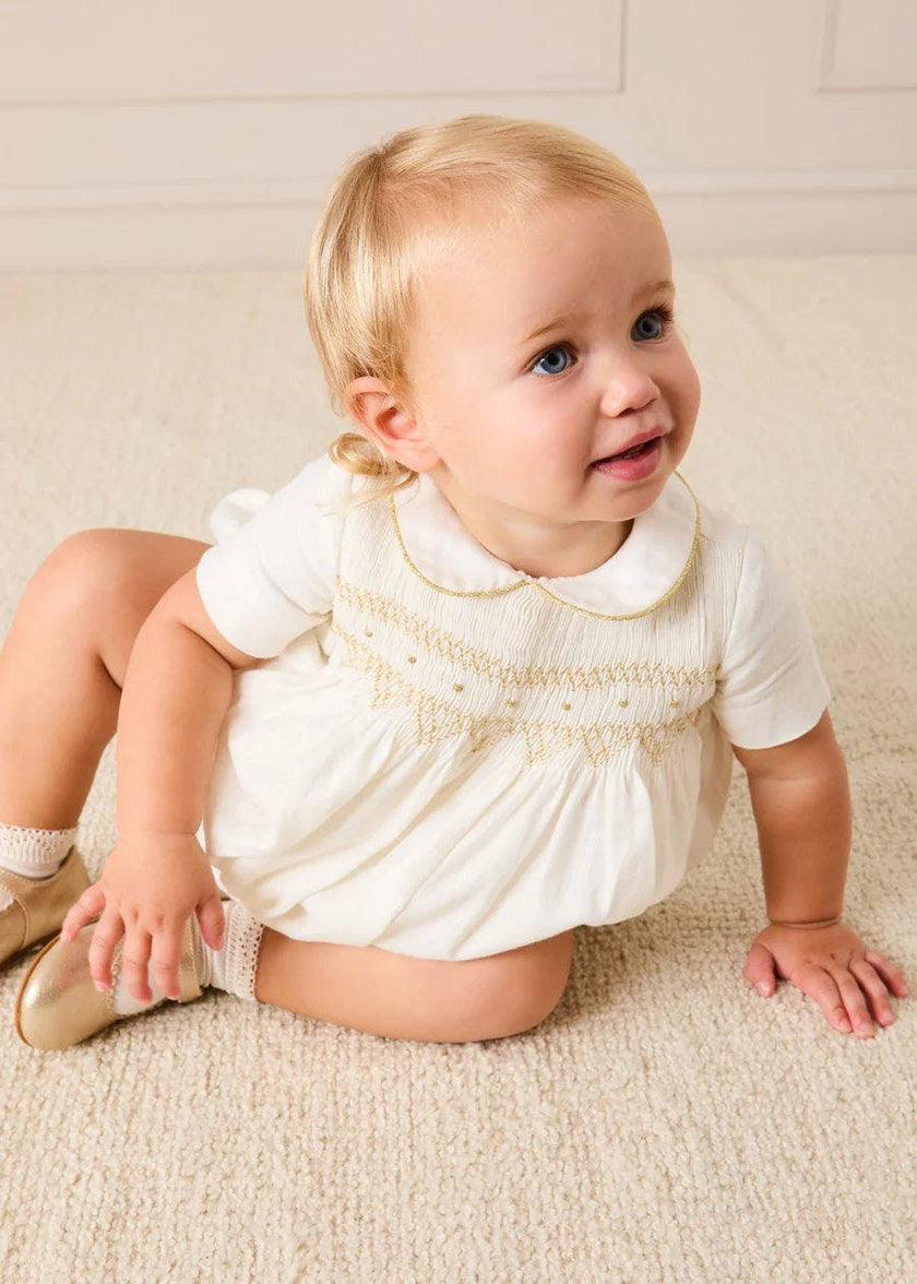 Hand Smocked Gold Embroidered Short Sleeve Romper in Ivory (3mths-2yrs)