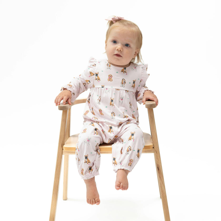 Bestie Dogs Pink - Ruffle Sleeve Snap Romper