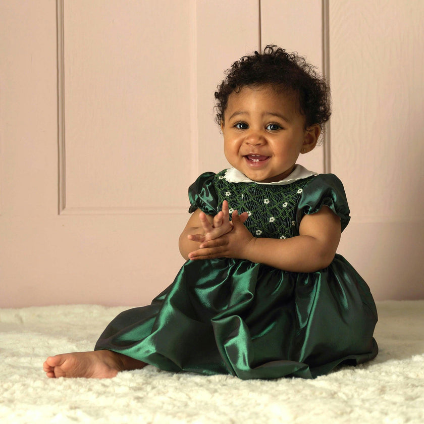 Baby Green Taffeta Rosebud Smocked Dress