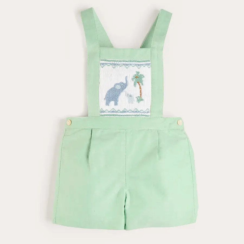 Elephant Embroidered Smocked Dungarees in Sage Green (18mths-4yrs)