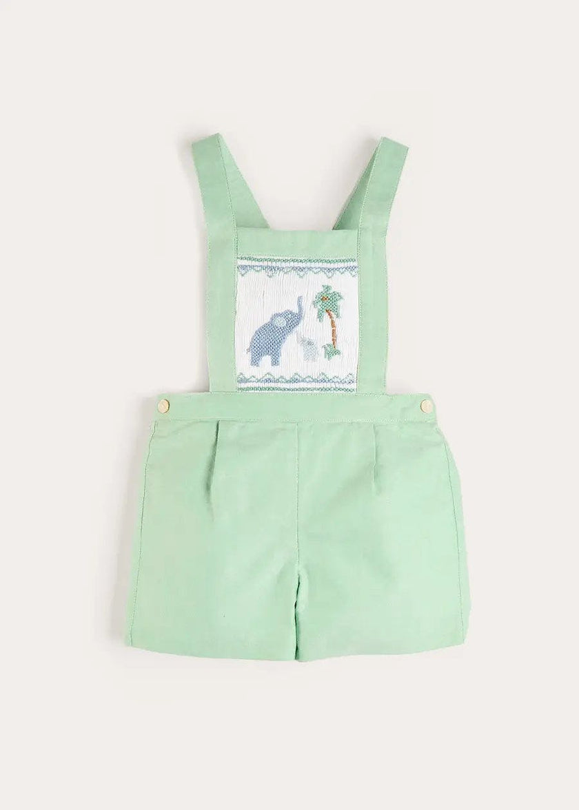 Elephant Embroidered Smocked Dungarees in Sage Green (18mths-4yrs)