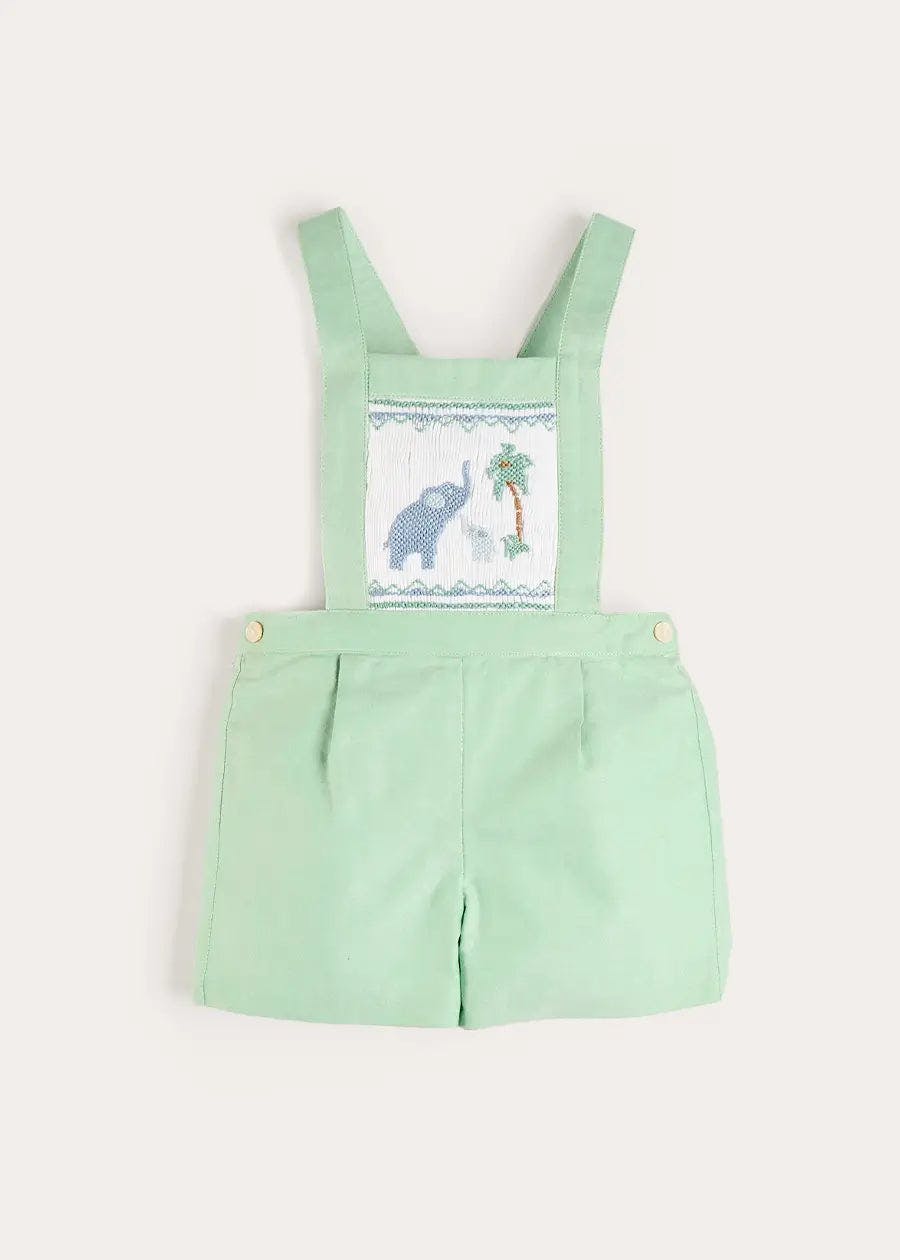 Elephant Embroidered Smocked Dungarees in Sage Green (18mths-4yrs)