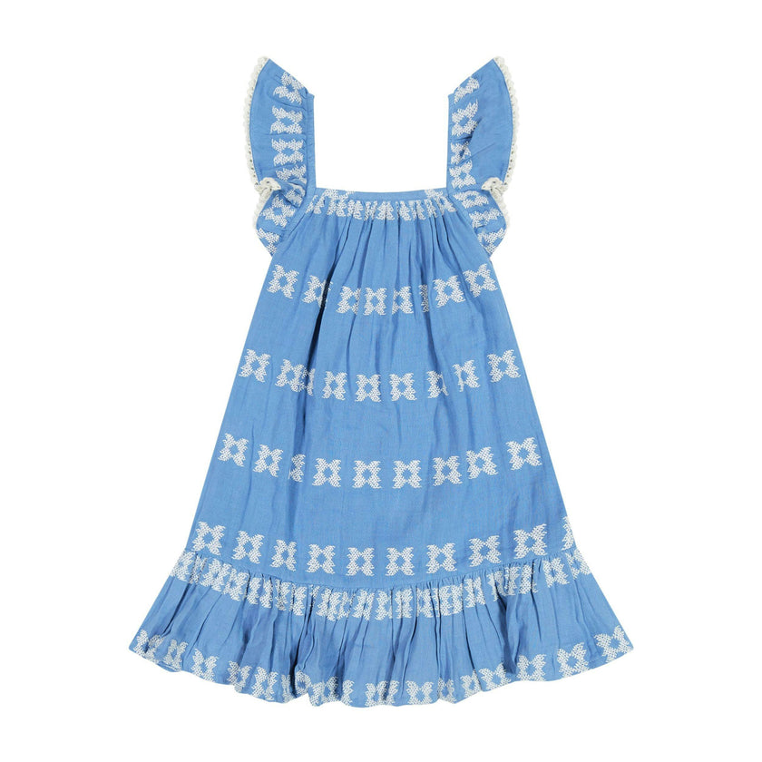 Mini Eva Girls Dress Sky White Embroidery, Sky Blue