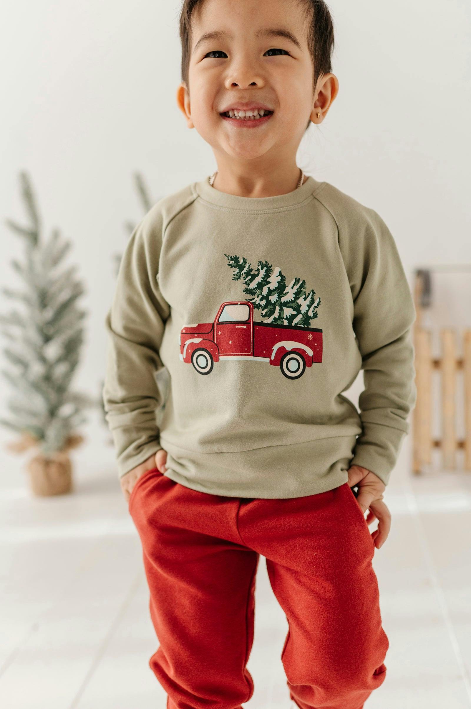 Boys Raglan Sweatshirt in Christmas Truck on Evergreen