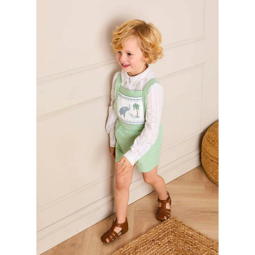 Elephant Embroidered Smocked Dungarees in Sage Green (18mths-4yrs)