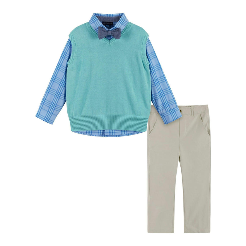 Boys 4-Piece Vest Set | Aqua & Grey Plaid