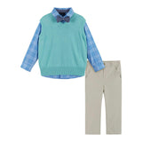 Boys 4-Piece Vest Set | Aqua & Grey Plaid