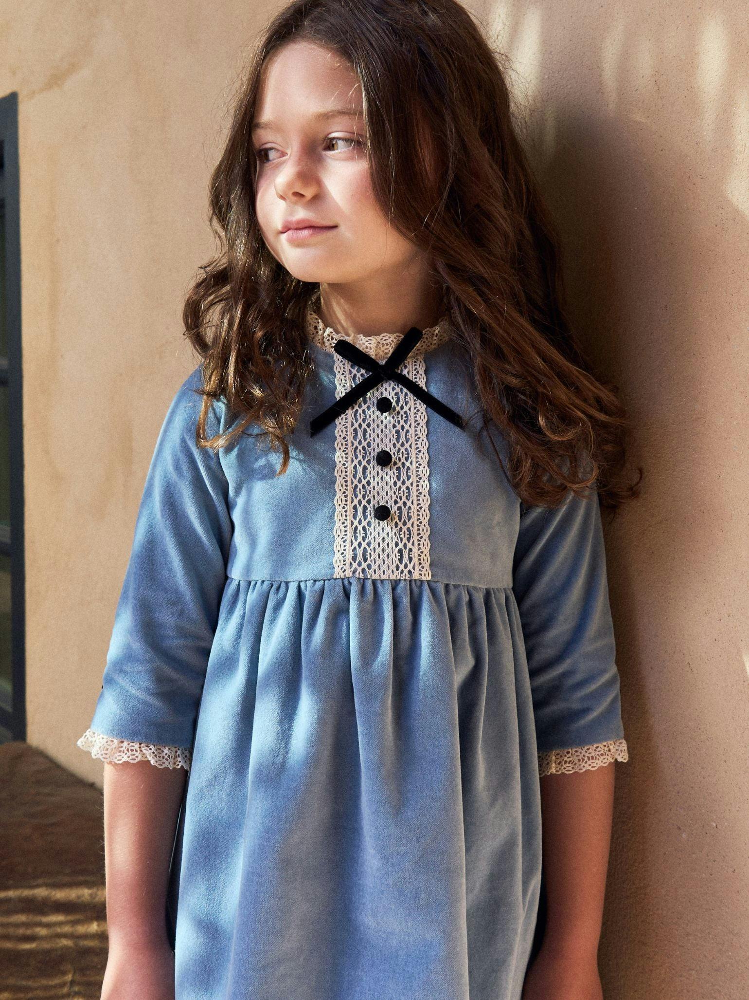 Dusty Blue Esther Velvet Girl Dress