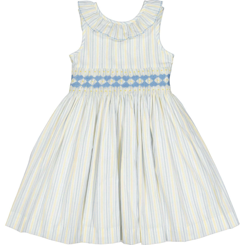 Capucine Blue Yellow Stripe Sleeveless Smocked Dress