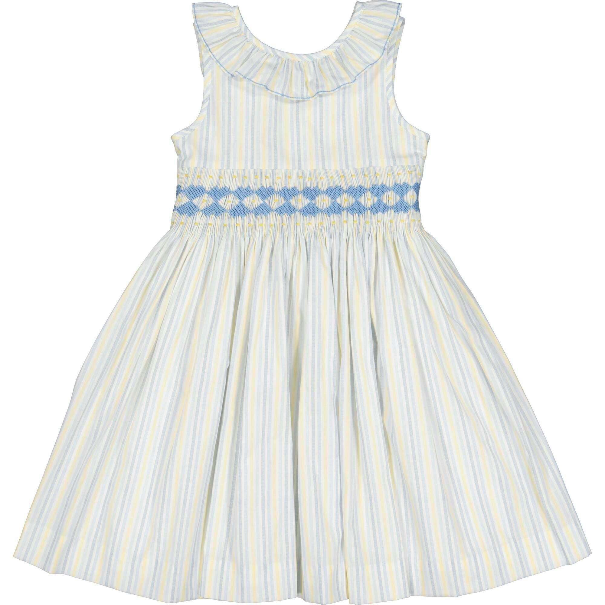 Capucine Blue Yellow Stripe Sleeveless Smocked Dress